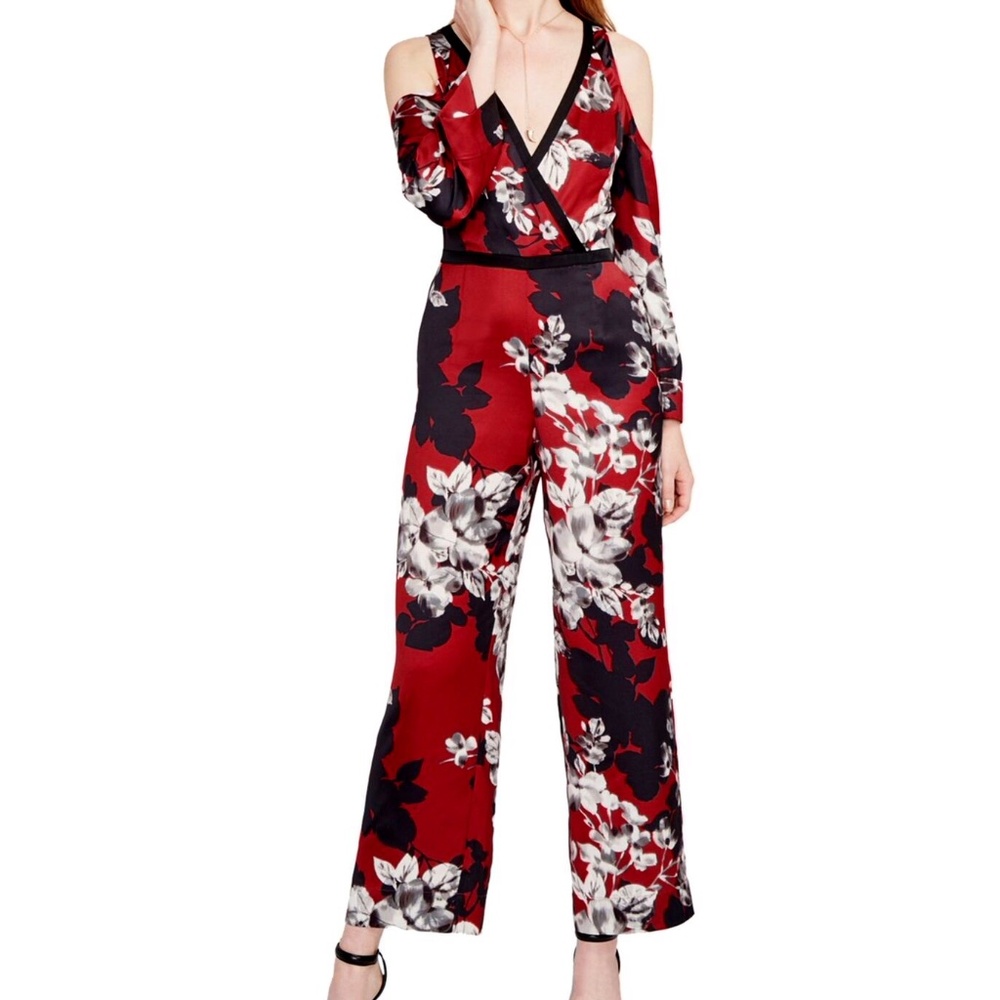 RACHEL Rachel Roy Red Black Floral Cold-Shoulder Wrap Jumpsuit